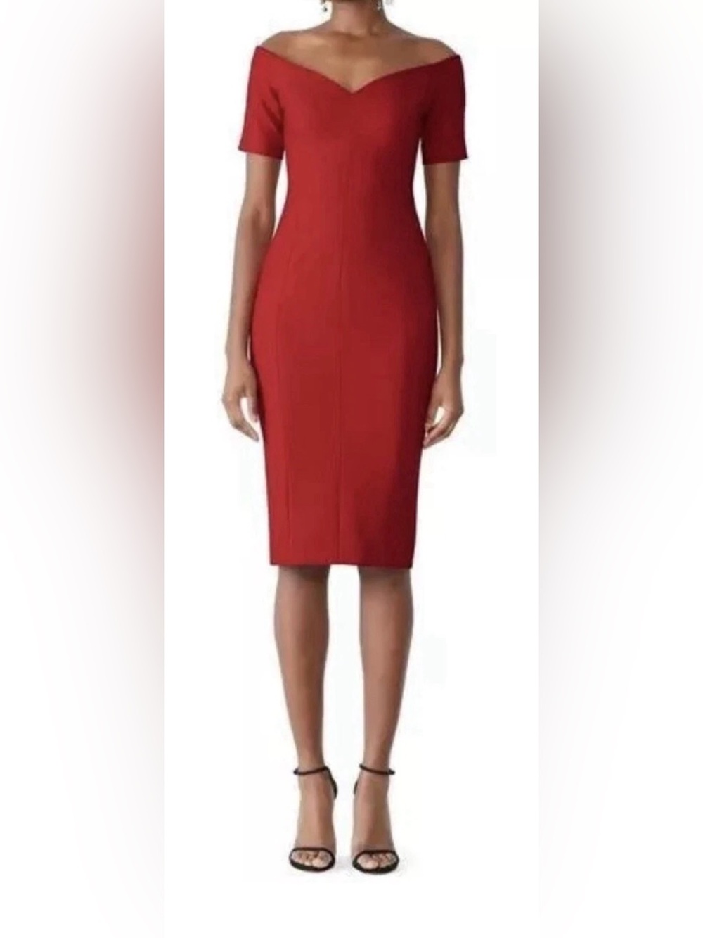 Cinq a Sept Crimson Red Birch Off the Shoulder Midi Pencil Dress Size 0